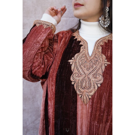 BROWN-RUST CRUSH VELVET PHIRAN WITH PUFF TILLA EMBROIDERY