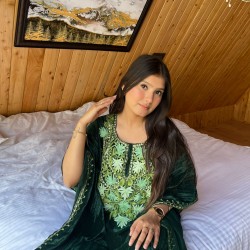 Kashmiri Bottle Green Crushed-Velvet Kaftan With Embroidery
